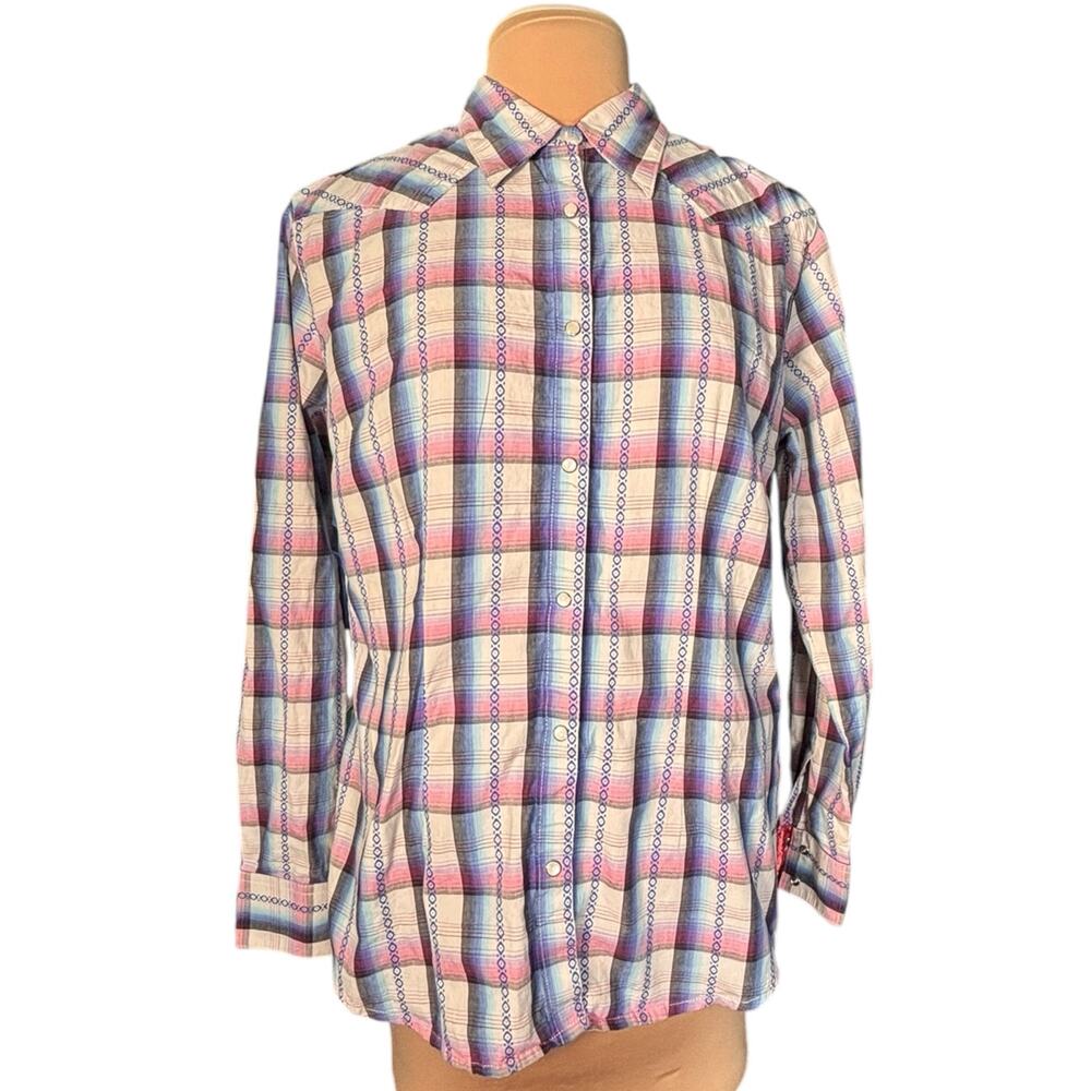 Vintage Y2K Wrangler Western Pearl Snap Pink Plaid Shirt Boho‎ Cowgirl Rustic